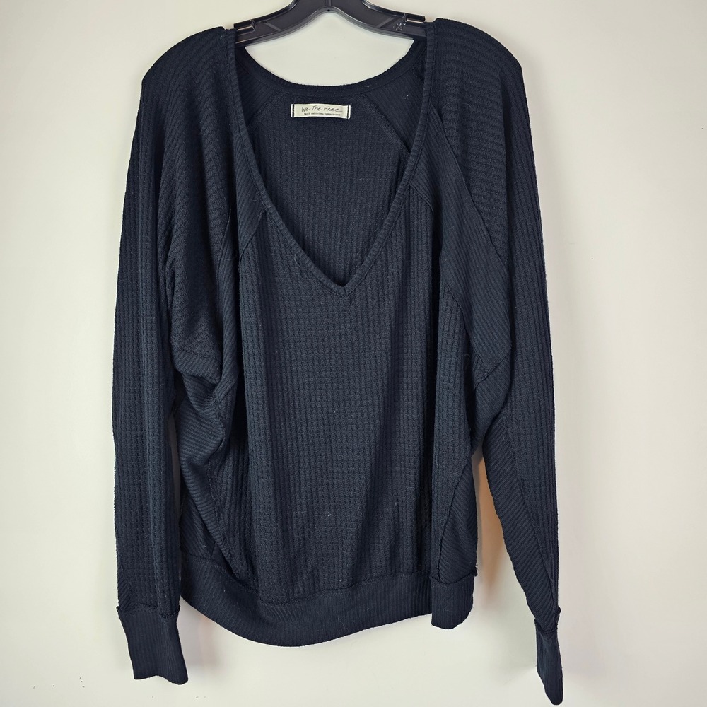 We The Free Free People Black Thermal V-Neck Waffle Knit Slouchy Top S Sweater